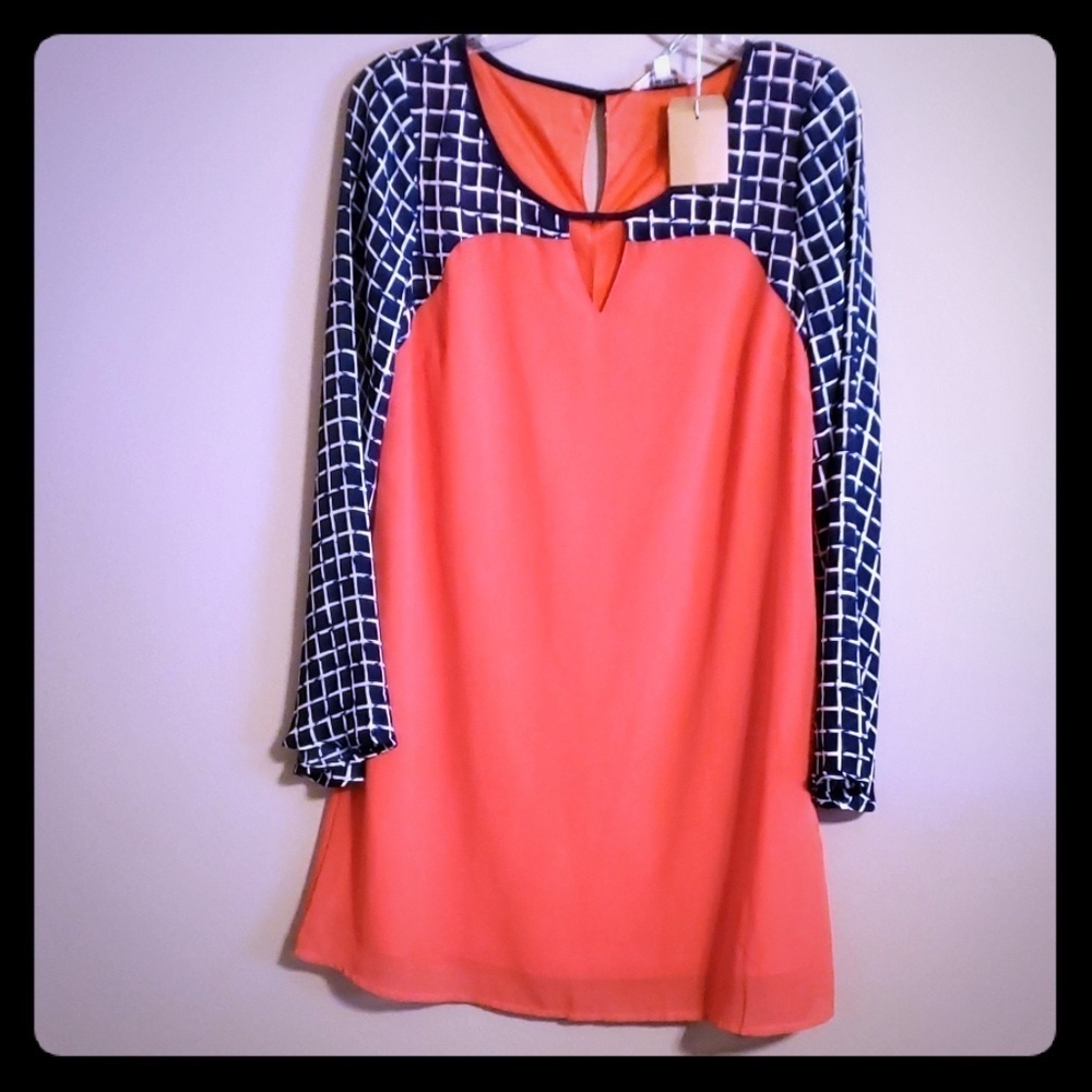 Orange and navy bell sleeve sheer shift dress